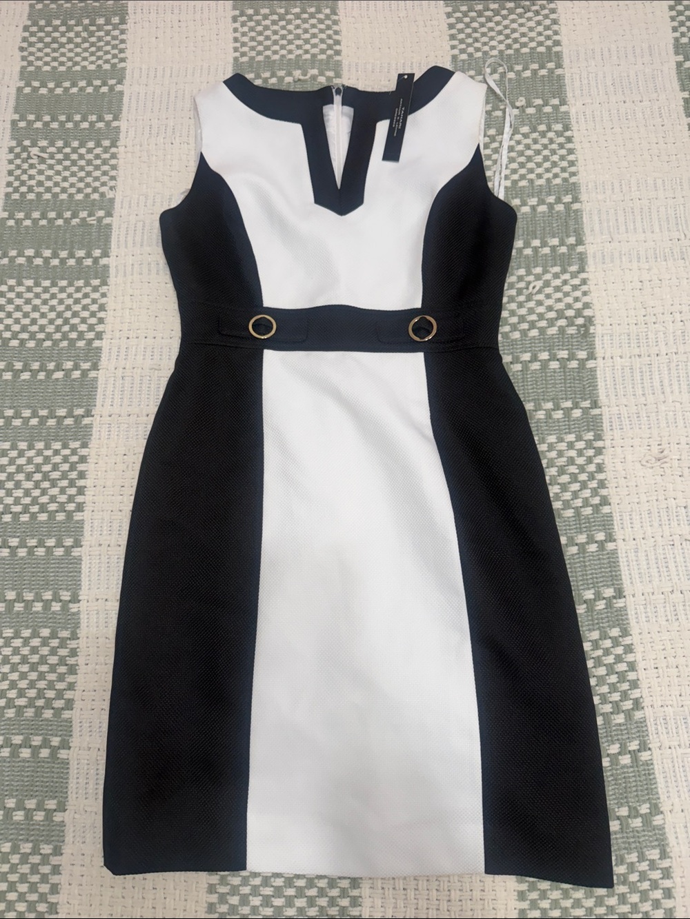 Tahari Black and White Colorblock Midi Dress with Gold Ring Detail